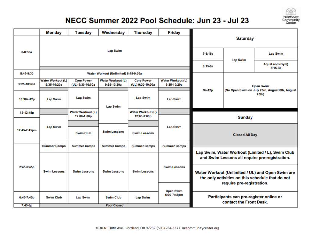 Pool Schedule Flyer Northeast Community Center