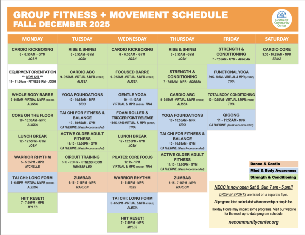 NECC December Group Fitness & Movement Schedule - 2025 - Screenshot