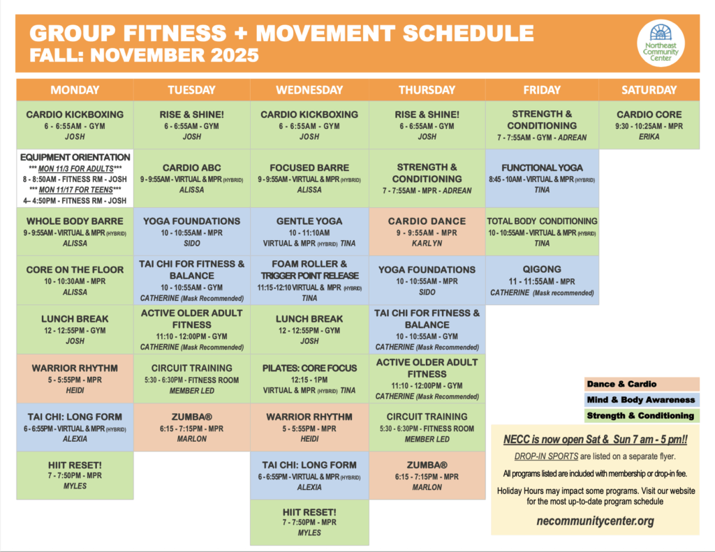 NECC November Group Fitness & Movement Schedule - 2025 - Screenshot